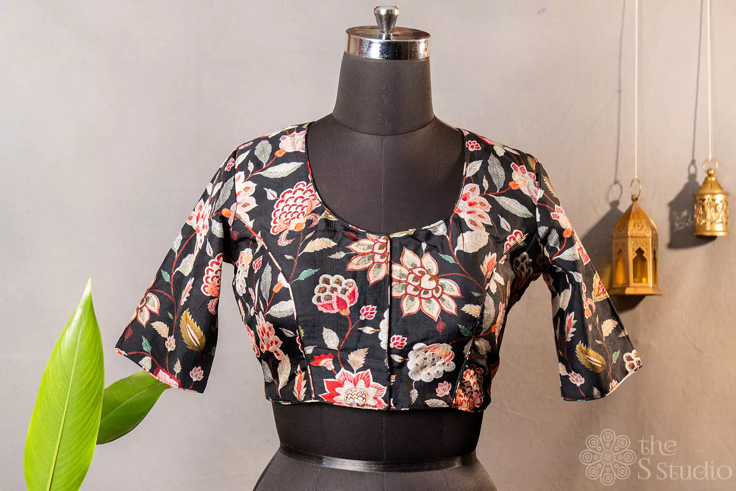 Black floral printed semi silk readymade blouse