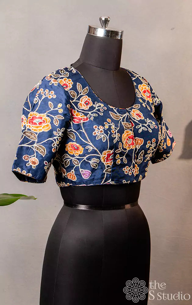 Blue floral printed semi silk readymade blouse with hand embroidery