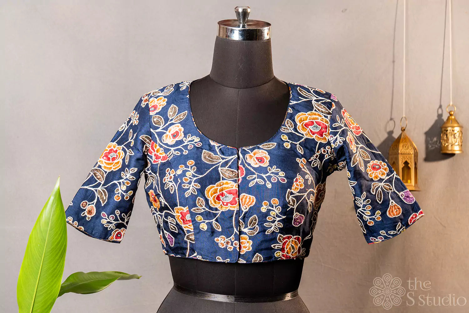 Blue floral printed semi silk readymade blouse with hand embroidery