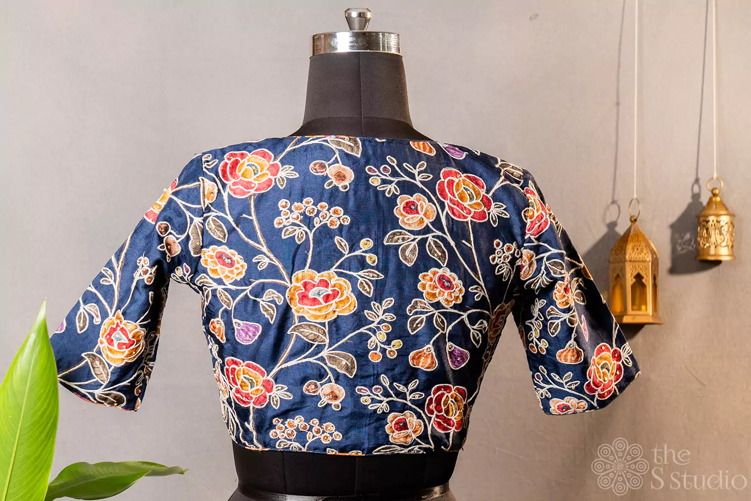 Blue floral printed semi silk readymade blouse with hand embroidery