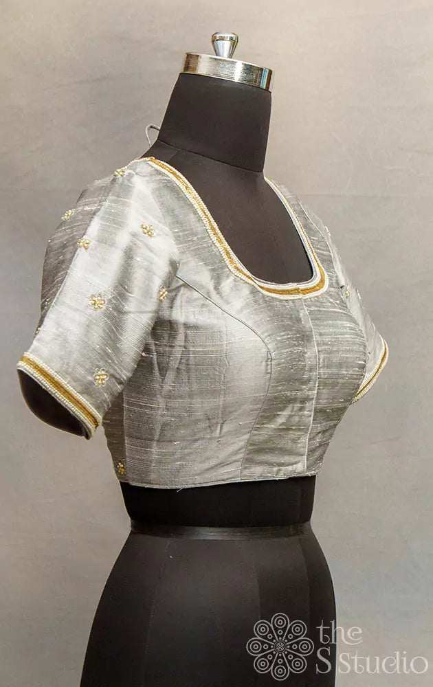 Grey hand embroidered silk blouse with neck pattern