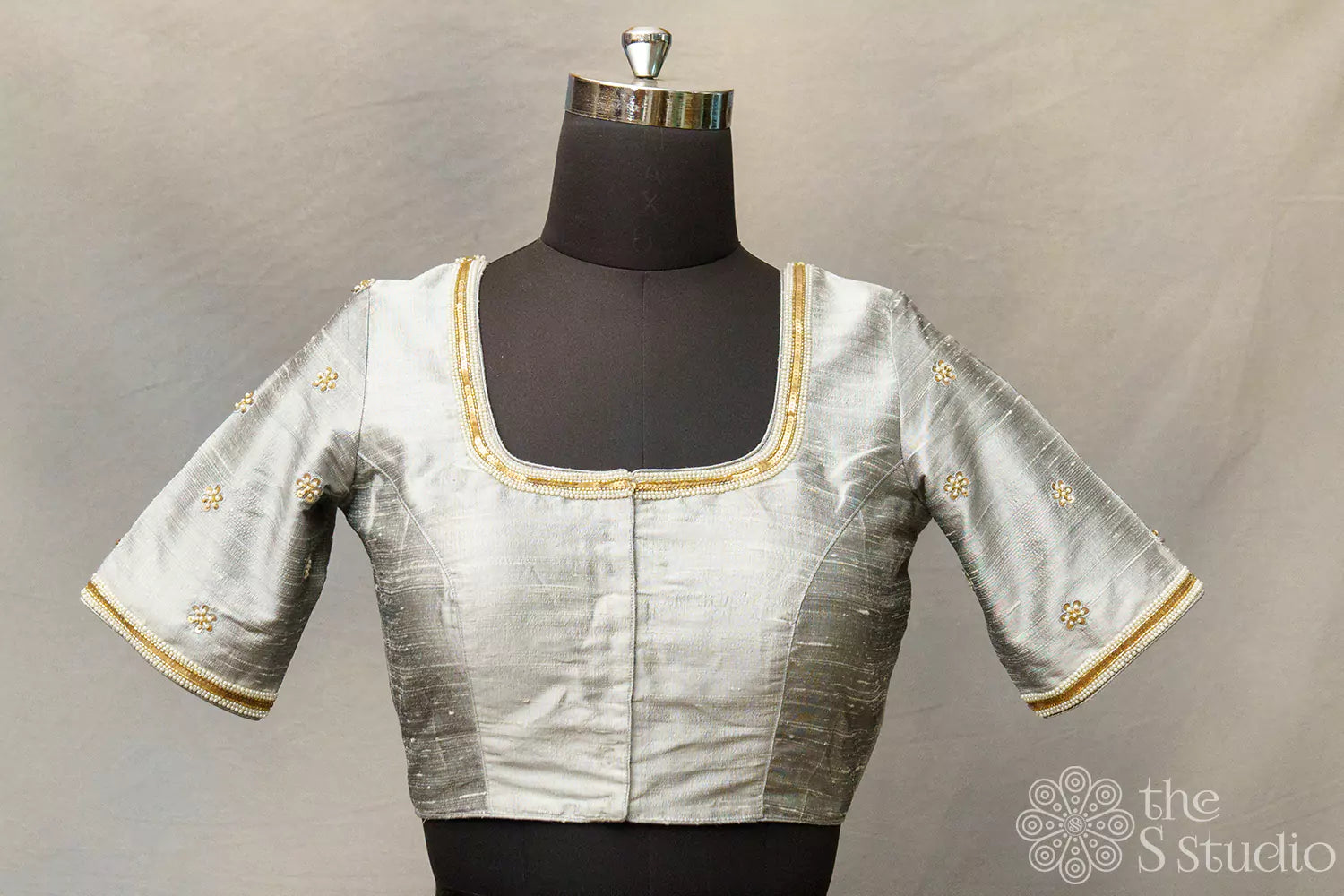 Grey hand embroidered silk blouse with neck pattern