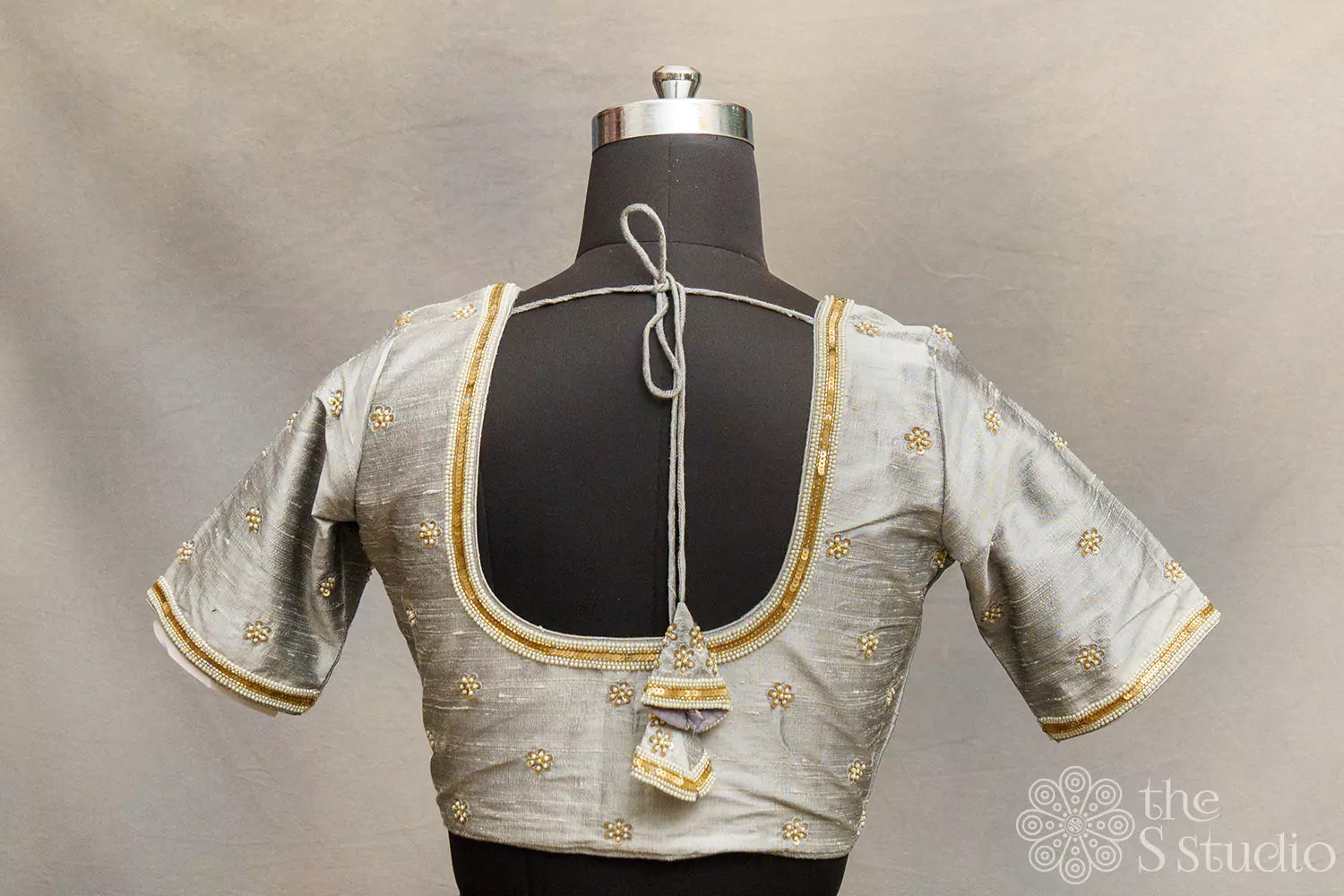 Grey hand embroidered silk blouse with neck pattern