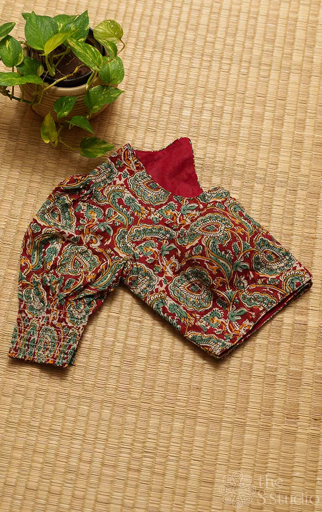 Maroon floral printed cotton readymade blouse
