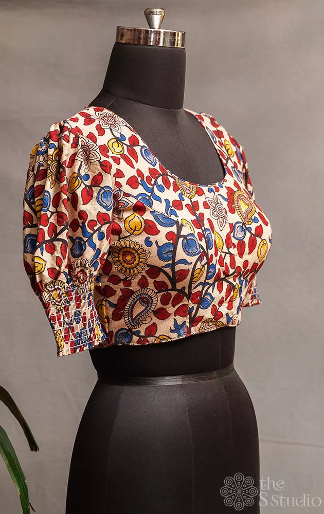 Beige kalamkari printed cotton readymade blouse