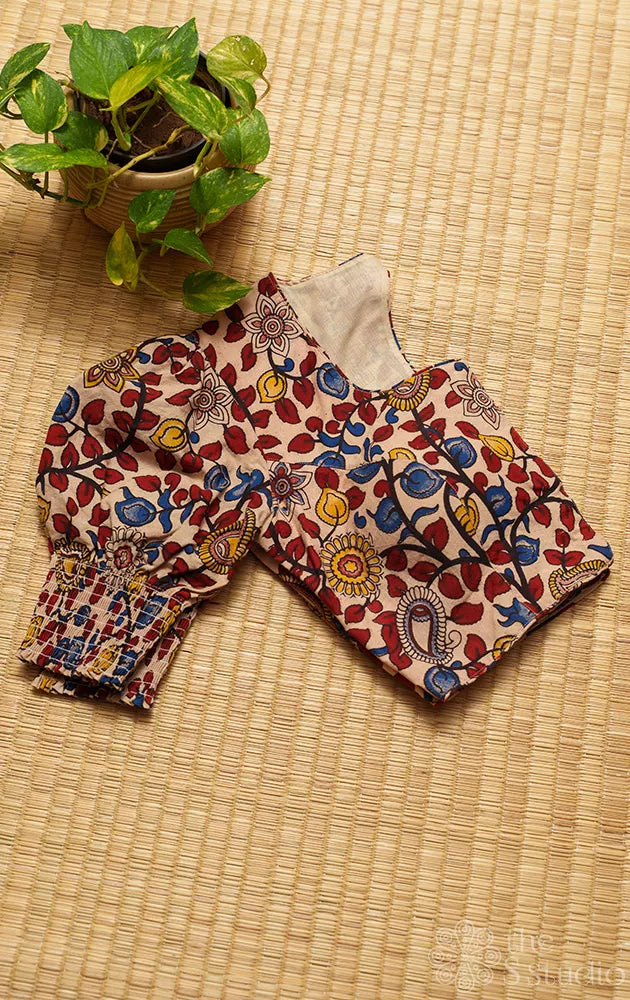Beige kalamkari printed cotton readymade blouse