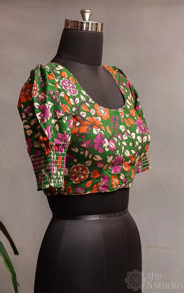 Green kalamkari printed cotton readymade blouse