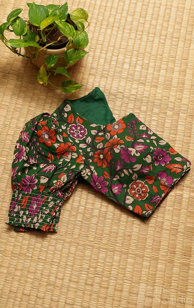 Green kalamkari printed cotton readymade blouse