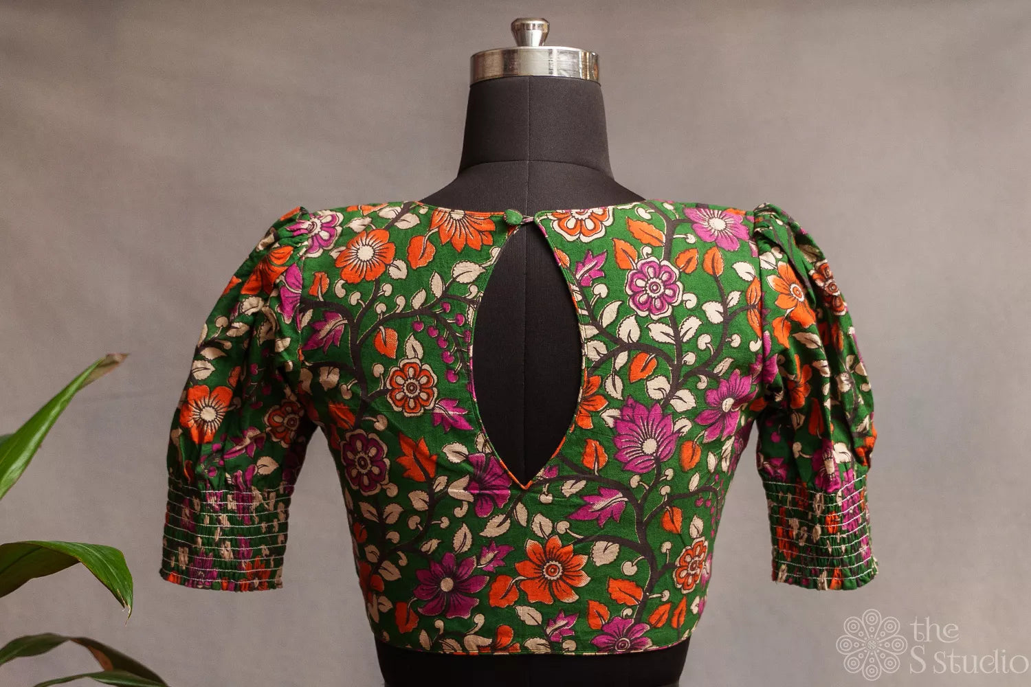 Green kalamkari printed cotton readymade blouse