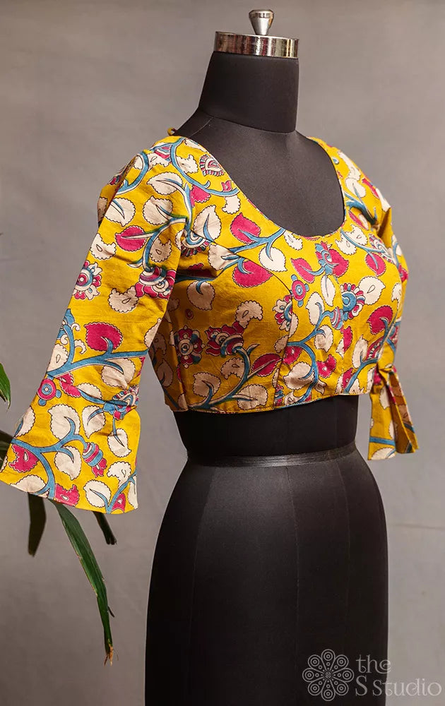 Mustard yellow kalamkari printed cotton readymade blouse