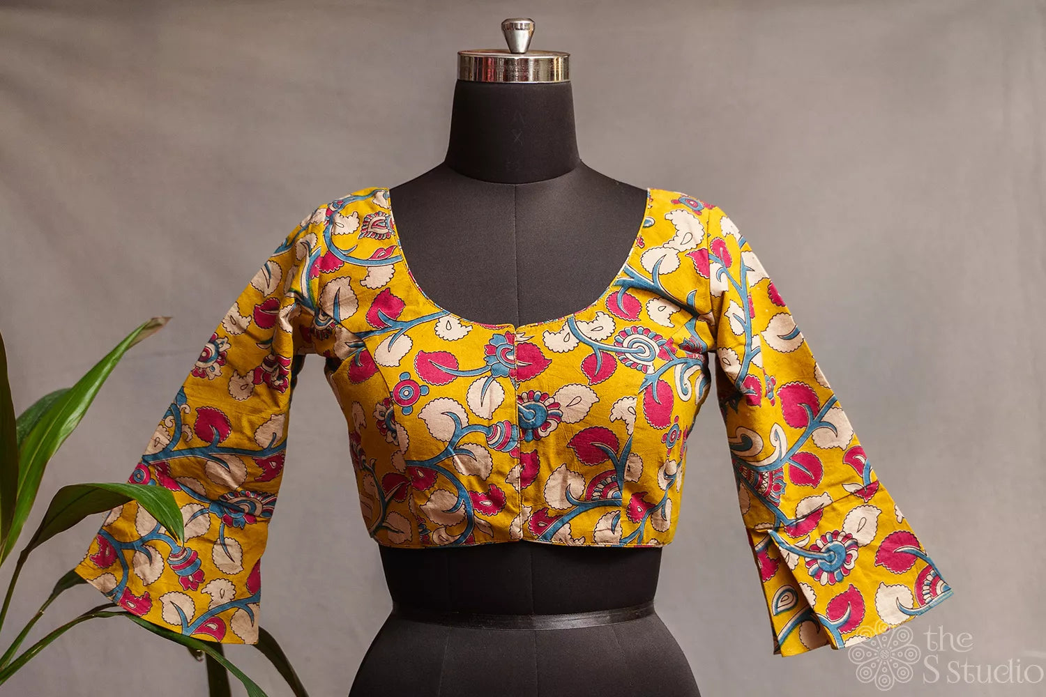 Mustard yellow kalamkari printed cotton readymade blouse
