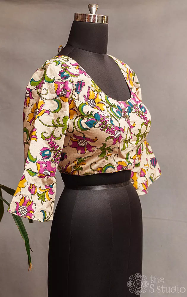 Off white kalamkari printed cotton readymade blouse