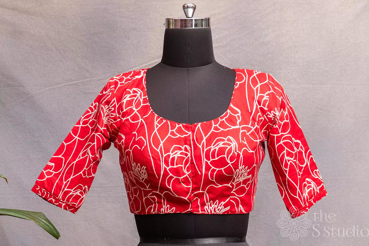 Red cotton floral design printed readymade blouse