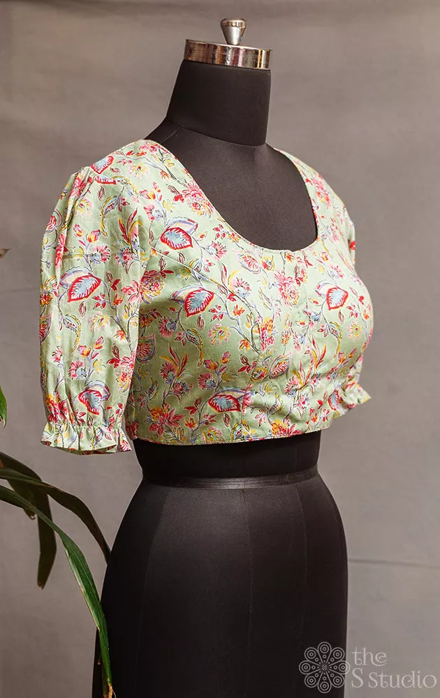 Elachi green floral printed cotton readymade blouse