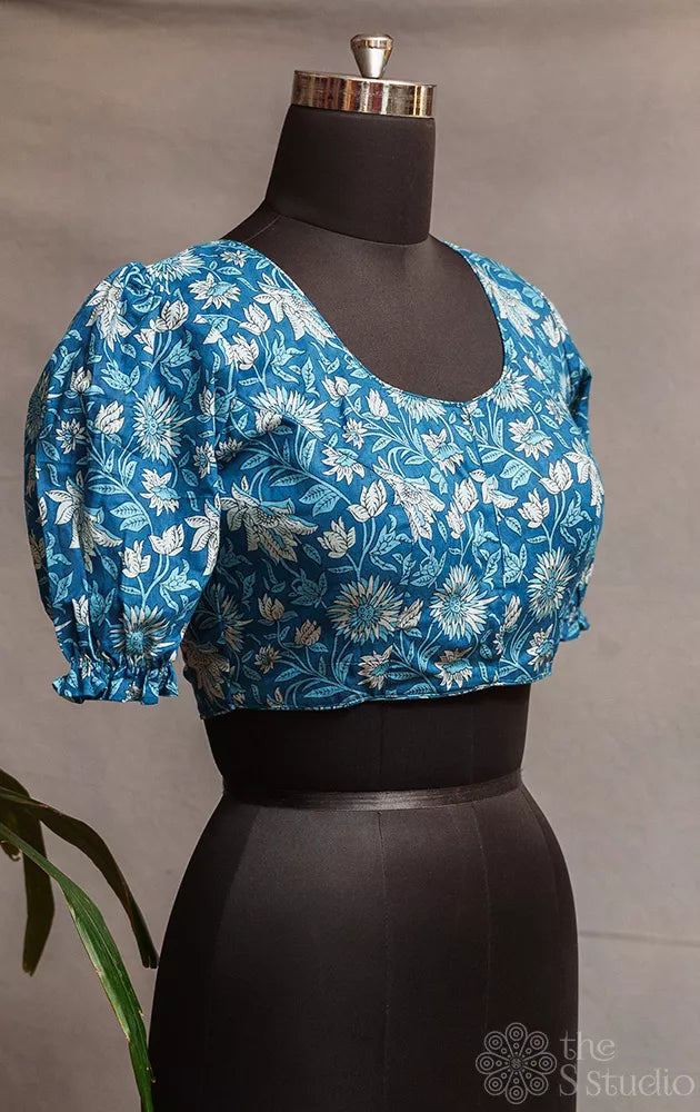 Blue floral printed cotton readymade blouse