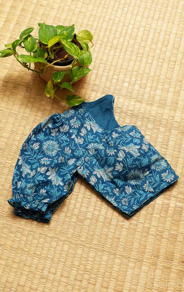 Blue floral printed cotton readymade blouse