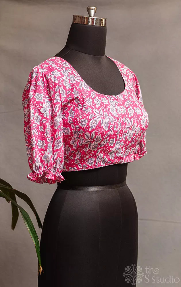 Pink floral printed cotton readymade blouse with puff sleeve
