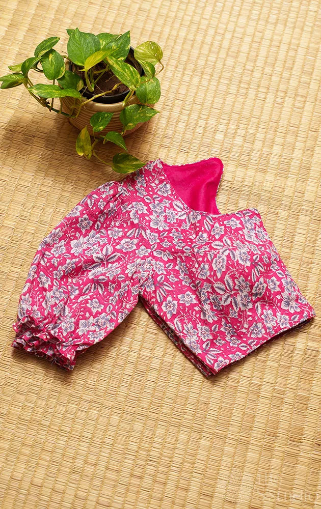 Pink floral printed cotton readymade blouse with puff sleeve