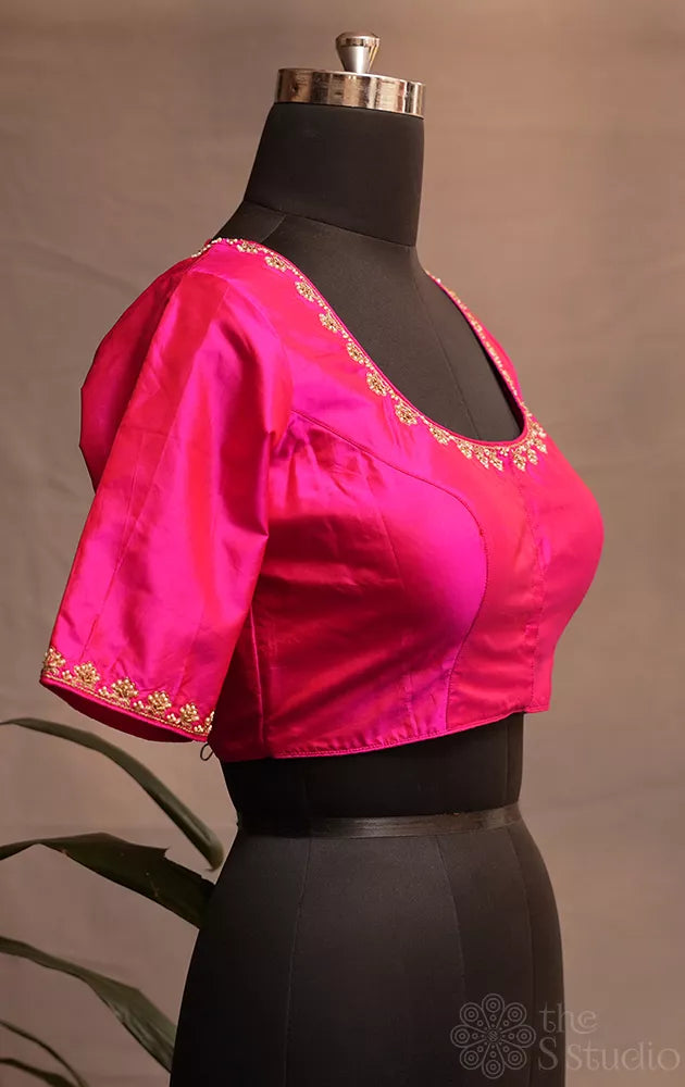 Rani pink silk readymade blouse with aari work embroidery