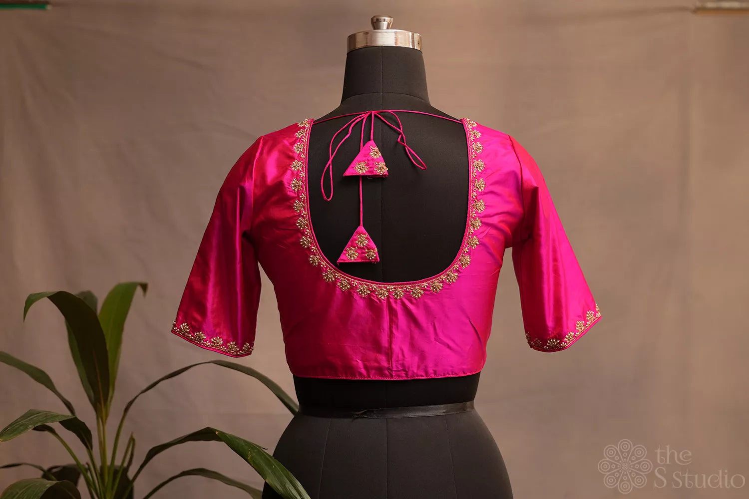 Rani pink silk readymade blouse with aari work embroidery