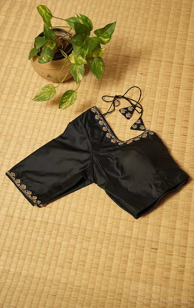 Black silk readymade blouse with embroidery