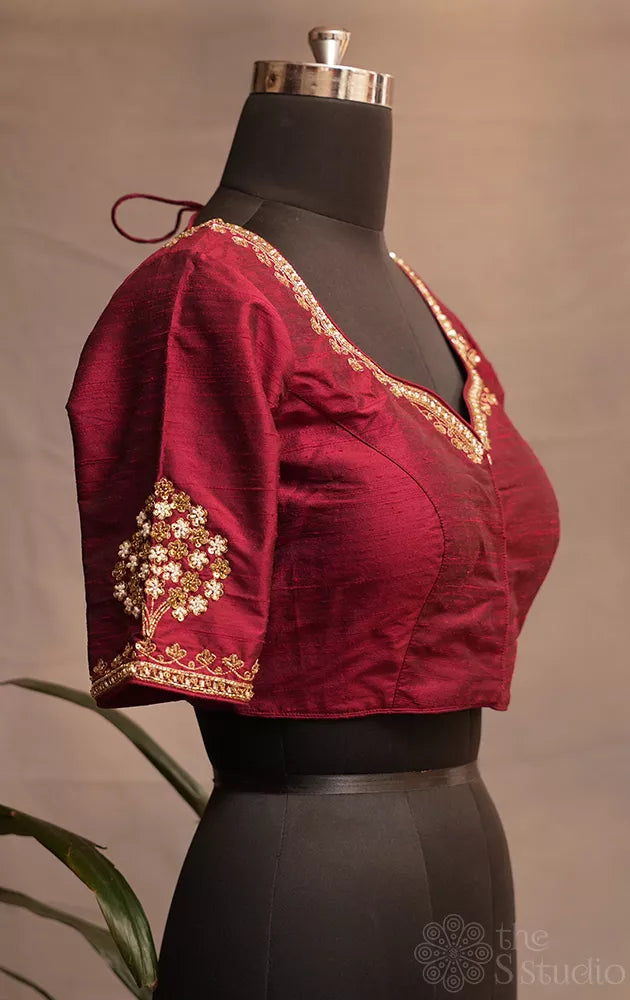 Maroon raw silk readymade blouse with aari work embroidery