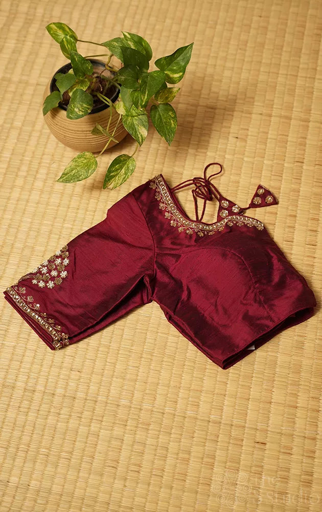 Maroon raw silk readymade blouse with aari work embroidery