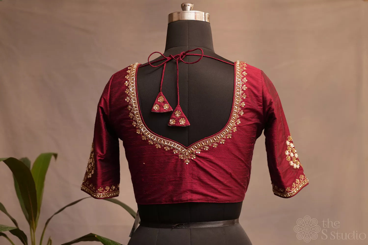 Maroon raw silk readymade blouse with aari work embroidery