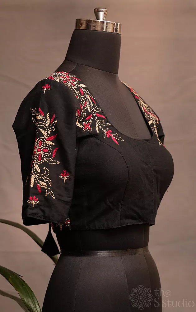 Black raw silk readymade blouse with kantha hand embroidery