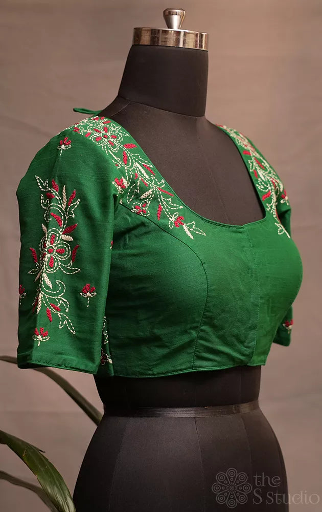 Green raw silk readymade blouse with kantha hand embroidery