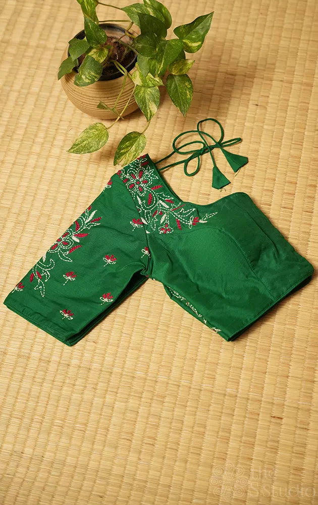 Green raw silk readymade blouse with kantha hand embroidery