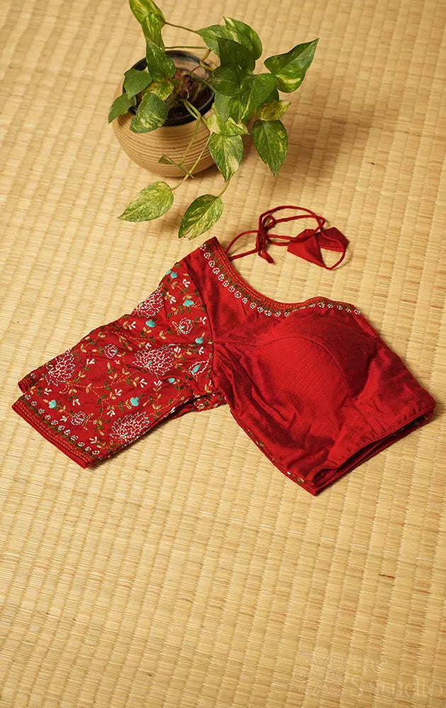 Reddish maroon kantha hand embroidered raw silk readymade blouse