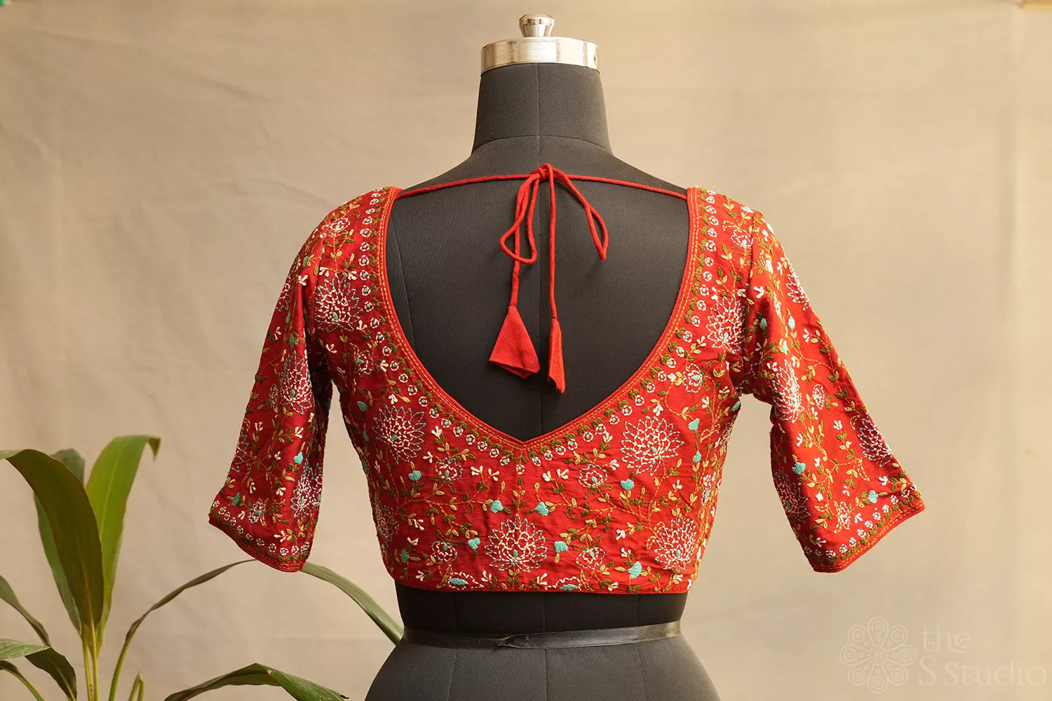 Reddish maroon kantha hand embroidered raw silk readymade blouse