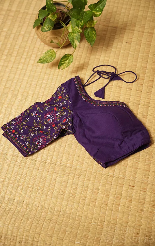 Violet raw silk readymade blouse with kantha hand embroidery
