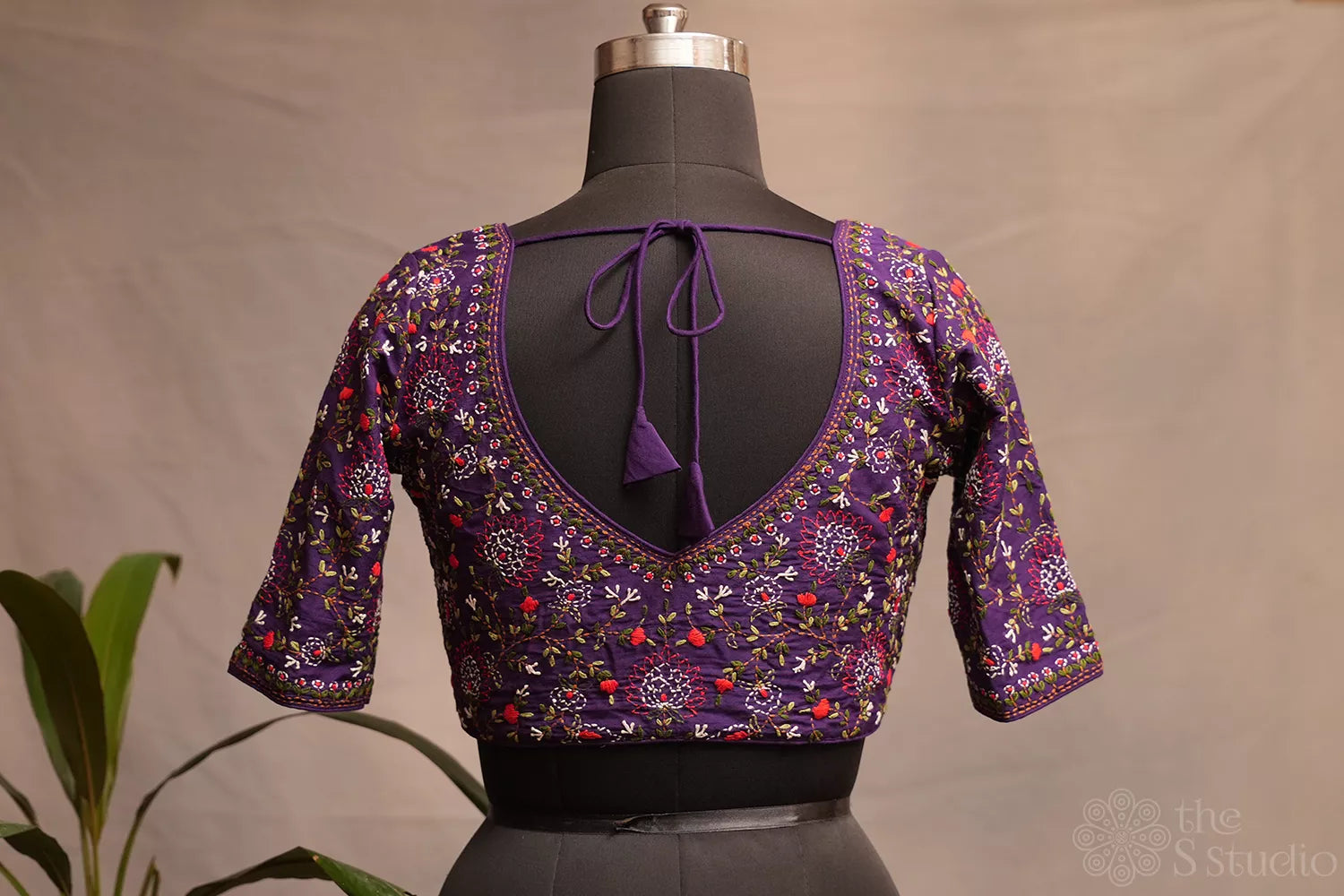 Violet raw silk readymade blouse with kantha hand embroidery