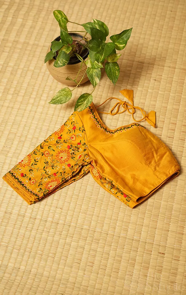 Yellow kantha hand embroidered raw silk readymade blouse