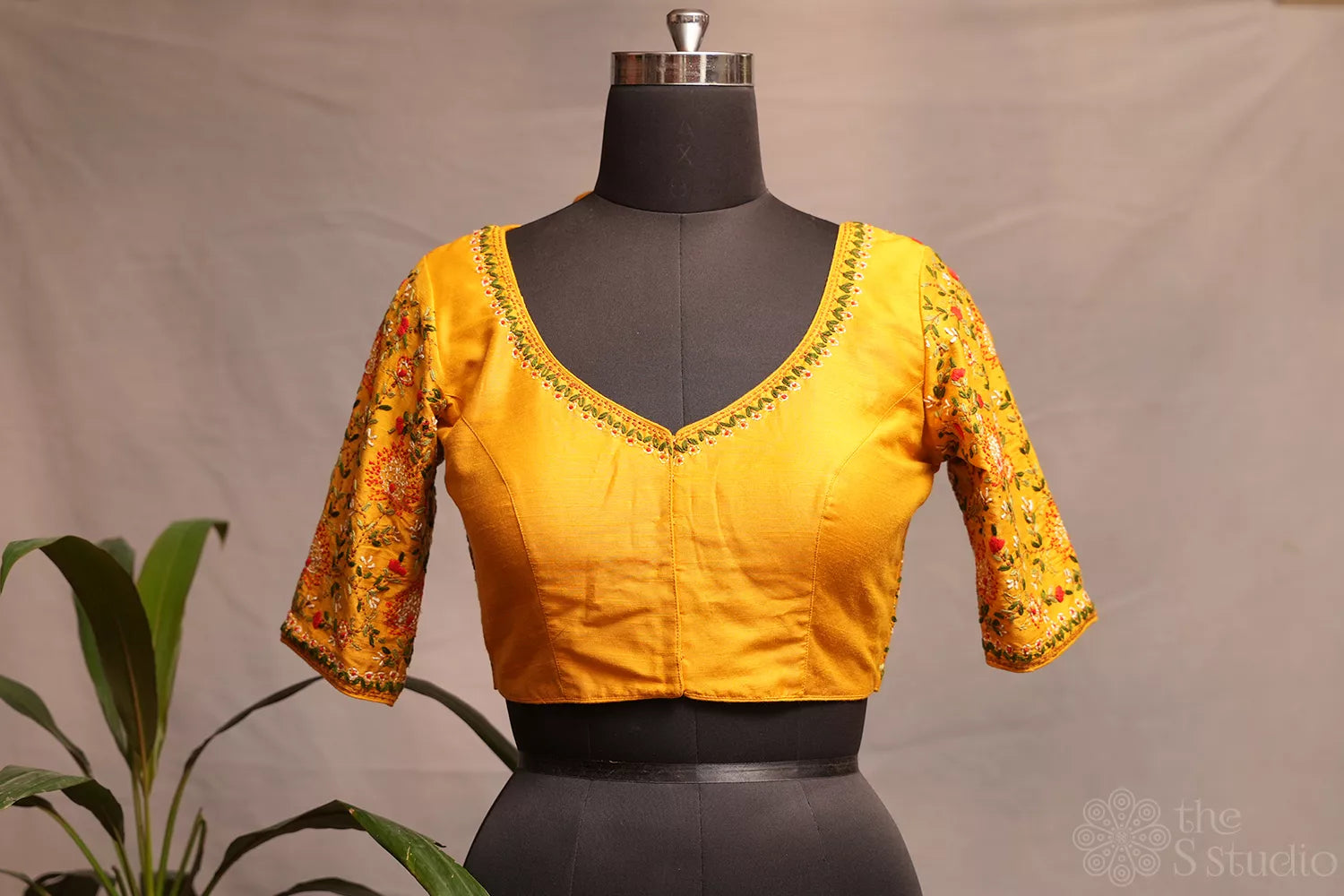 Yellow kantha hand embroidered raw silk readymade blouse