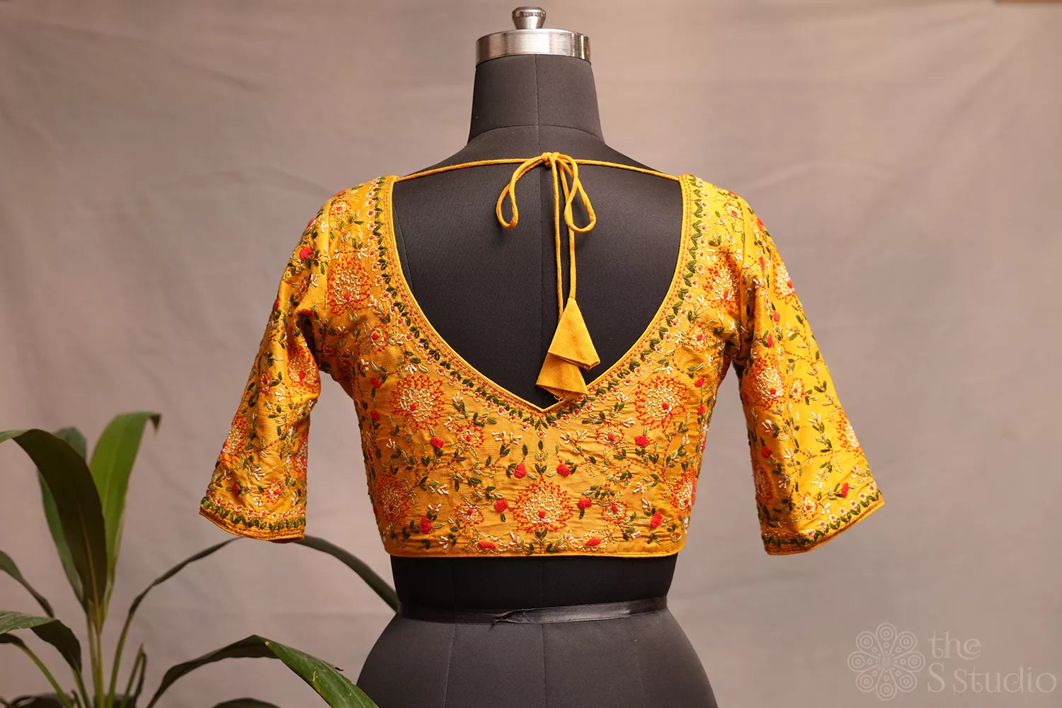 Yellow kantha hand embroidered raw silk readymade blouse