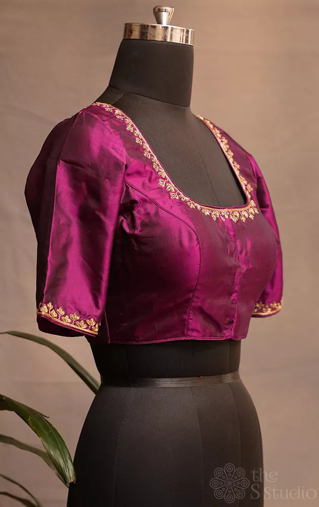 Purple silk readymade blouse with aari work embroidery