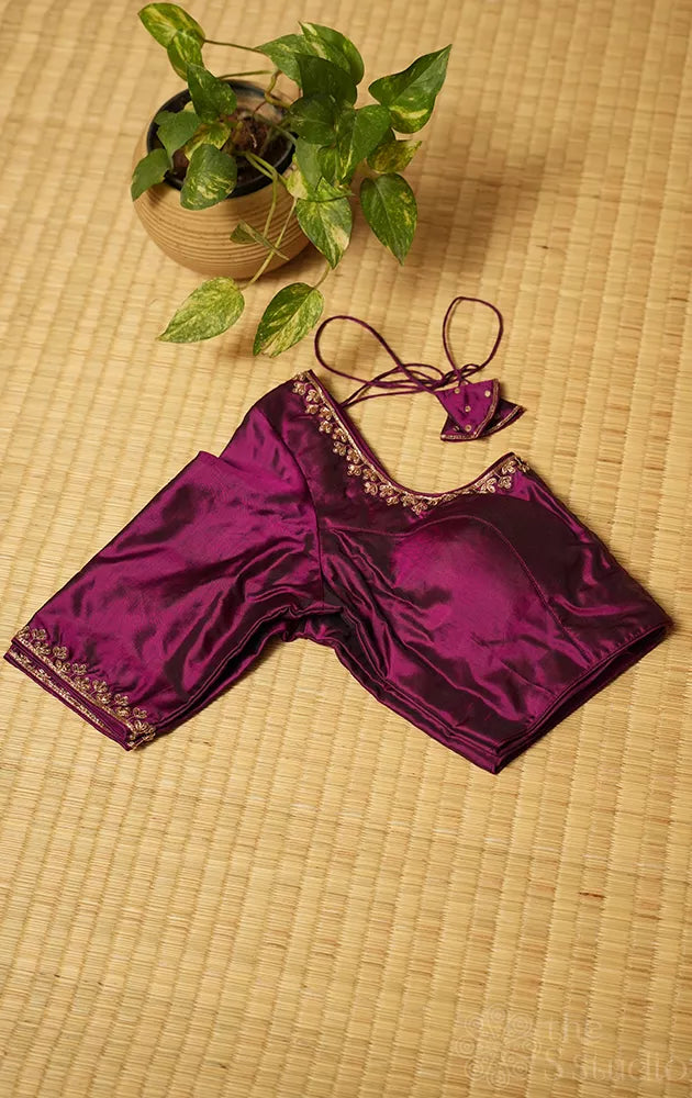 Purple silk readymade blouse with aari work embroidery