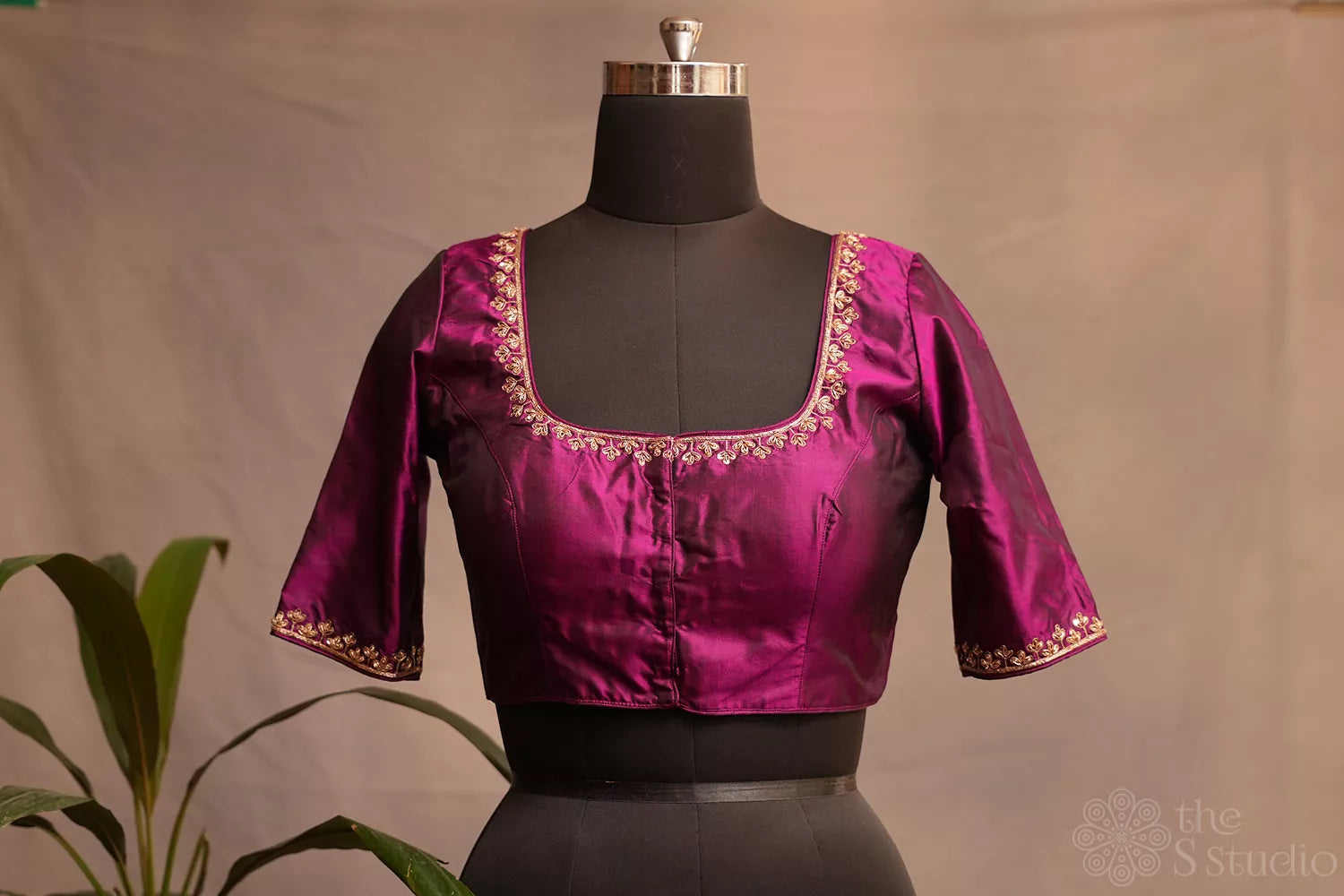 Purple silk readymade blouse with aari work embroidery