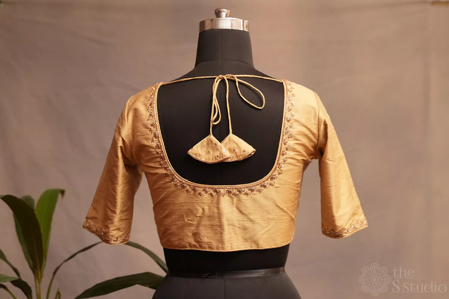 Golden silk readymade blouse with embroidery