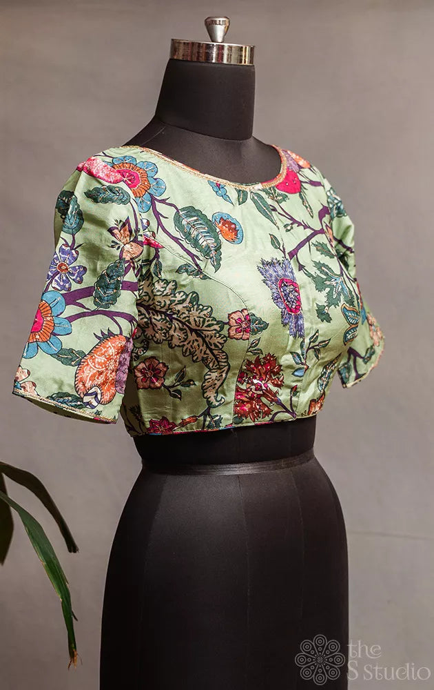 Elachi green semi silk readymade blouse with floral prints and embroidery