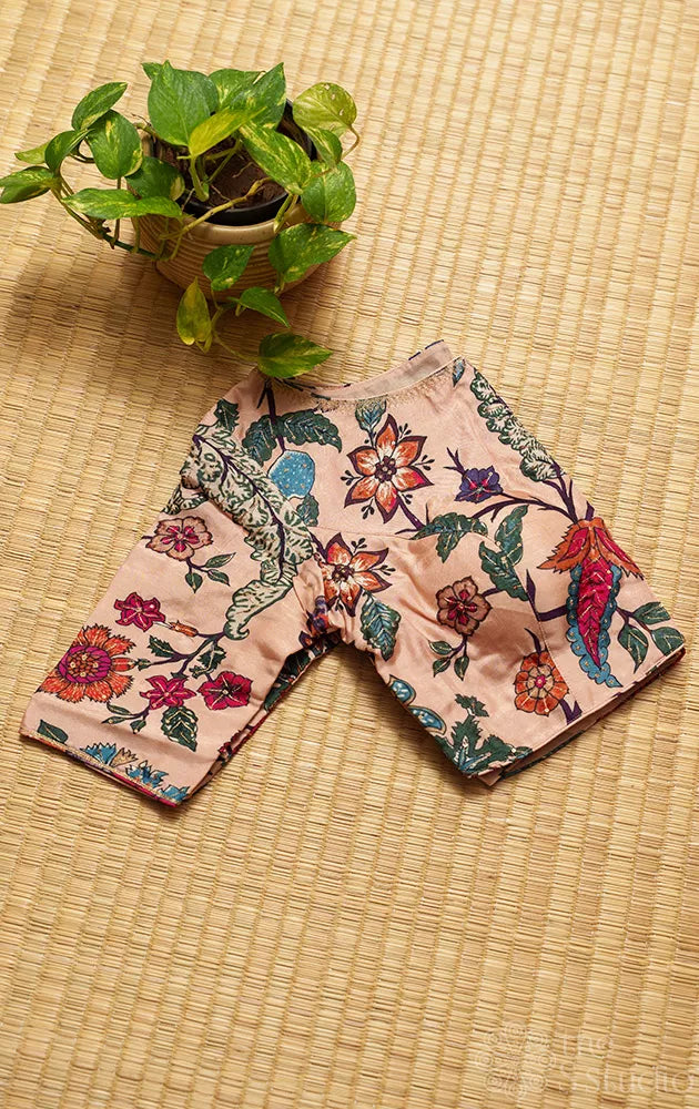 Peach semi silk readymade blouse with floral prints and embroidery