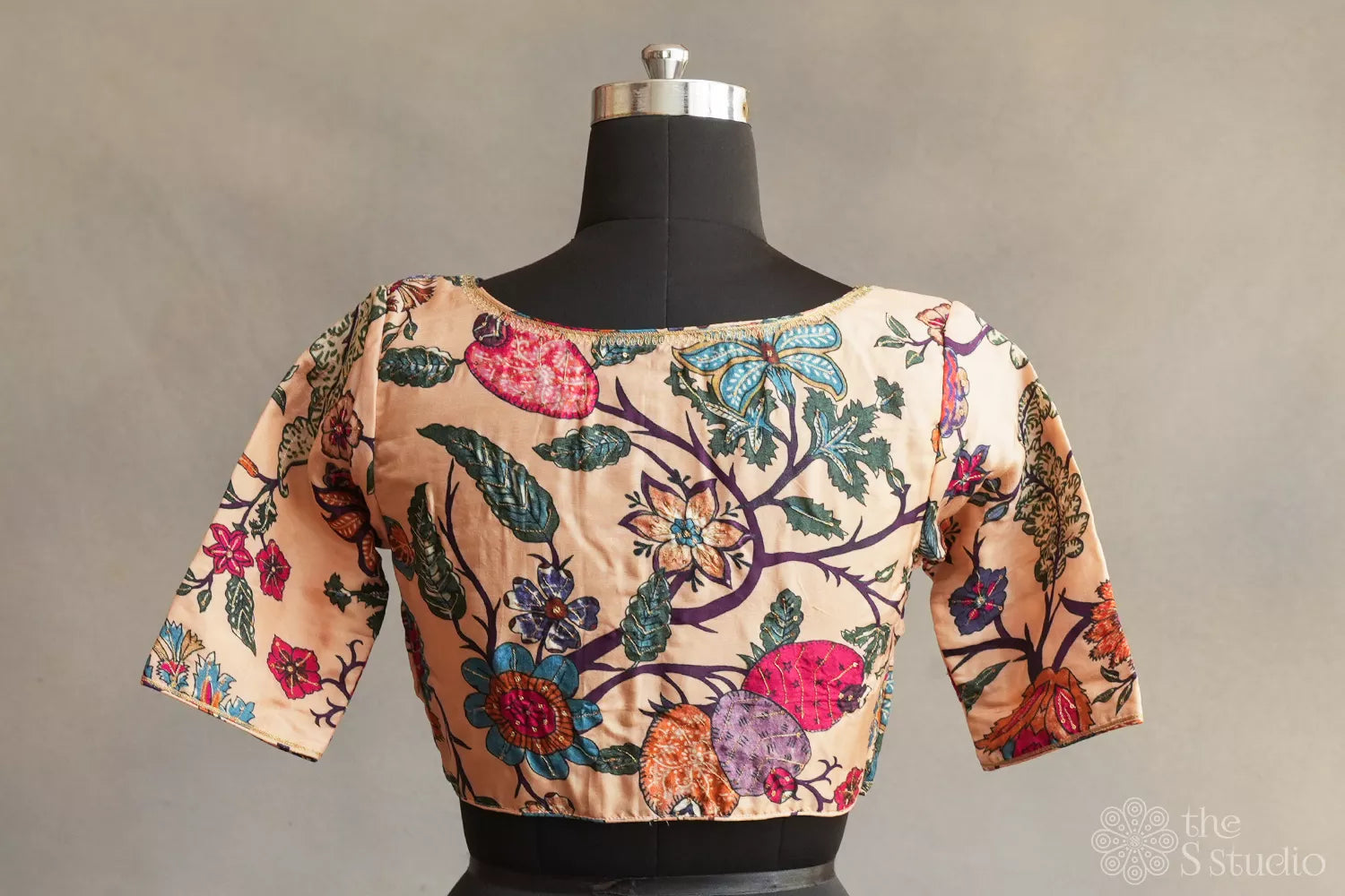 Peach semi silk readymade blouse with floral prints and embroidery