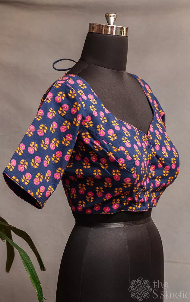 Navy blue floral printed cotton readymade blouse
