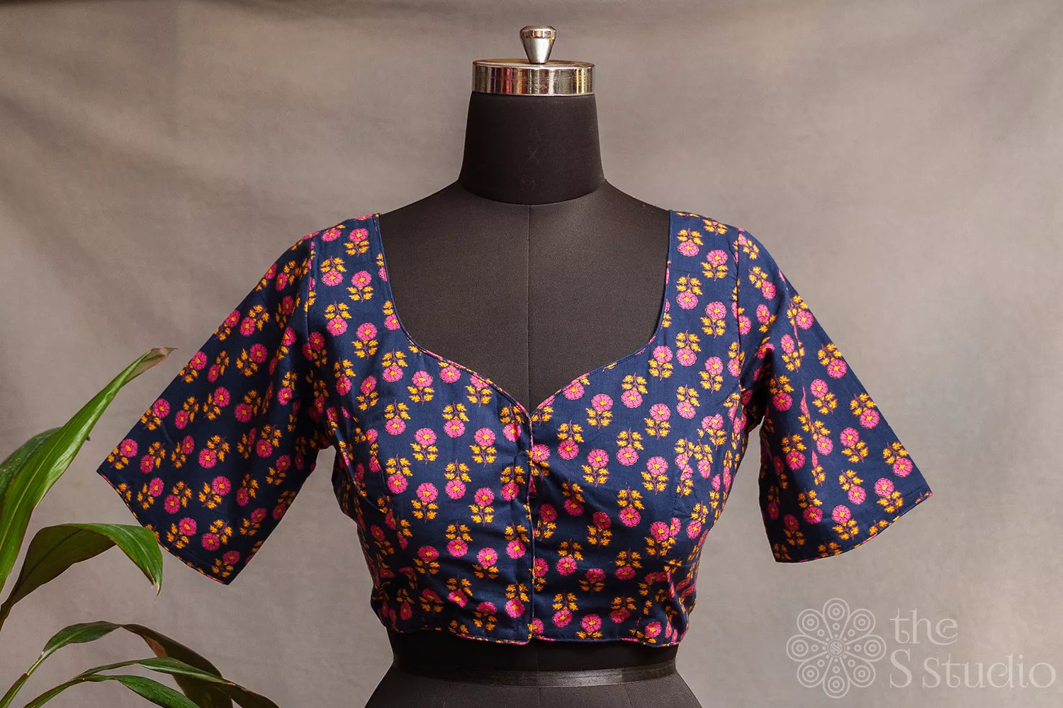 Navy blue floral printed cotton readymade blouse