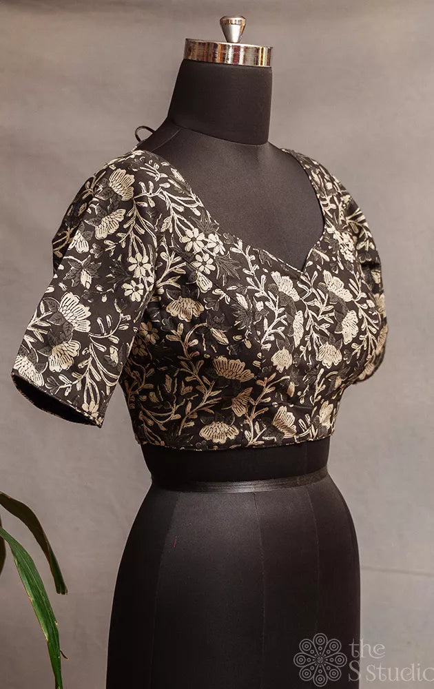 Black floral printed cotton readymade blouse
