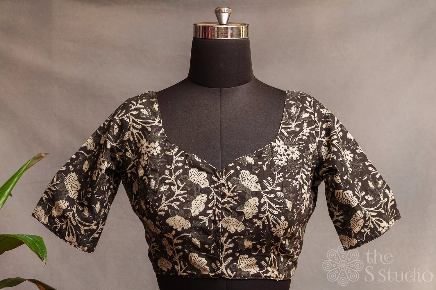 Black floral printed cotton readymade blouse