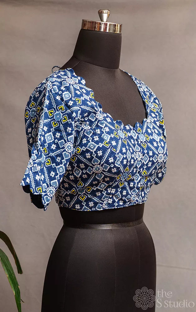 Blue printed cotton readymade blouse